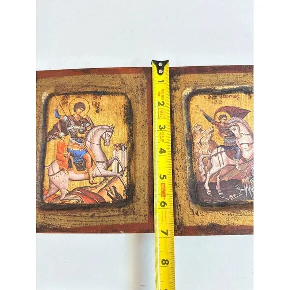 Vtg Saint George Slay the Dragon Horse Religious Art Wooden Wall Hangings Italia